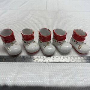 5 Vintage Mini Ceramic Hand Painted Santa Claus Boots Japan Holly Trim Red White